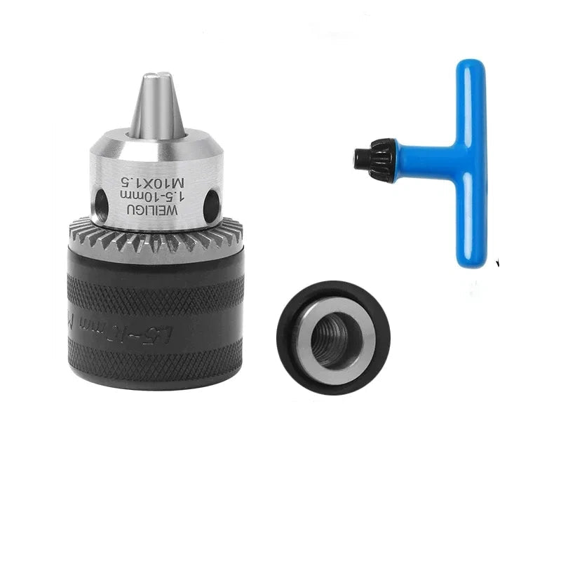 key locking design drill chuck, key type steel drill chuck Clamping Capacity 1.5-10mm, all metal heavy duty chuck Mount Type with screw M10*1.5