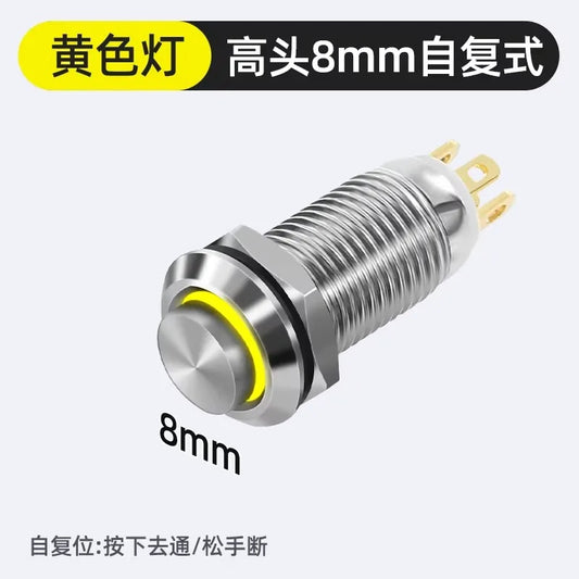 Metal Push Button Switch, 8mm, Nickel-Plated Copper, Waterproof Dustproof, Latching/Momentary, Solder/Plug-in Terminal, 12/24V DC, 110/220V AC