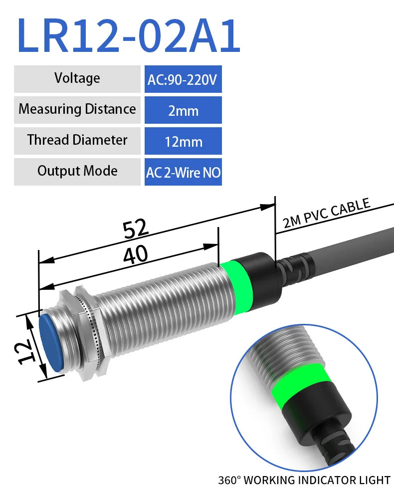 LR12 M12 Inductive Proximity Sensor ,AC90-220v measuring distance 2mm sensor,thread diameter 12mm AC 2-WIRE NO sensor