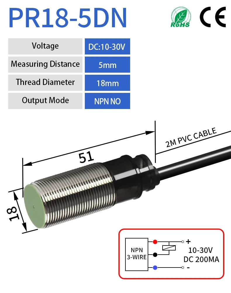 PR18 M18 Inductive Proximity Sensor ,AC90-240v measuring distance 5mm sensor,thread diameter 18mm sensor,DC 3-WIRE NPN NO sensor
