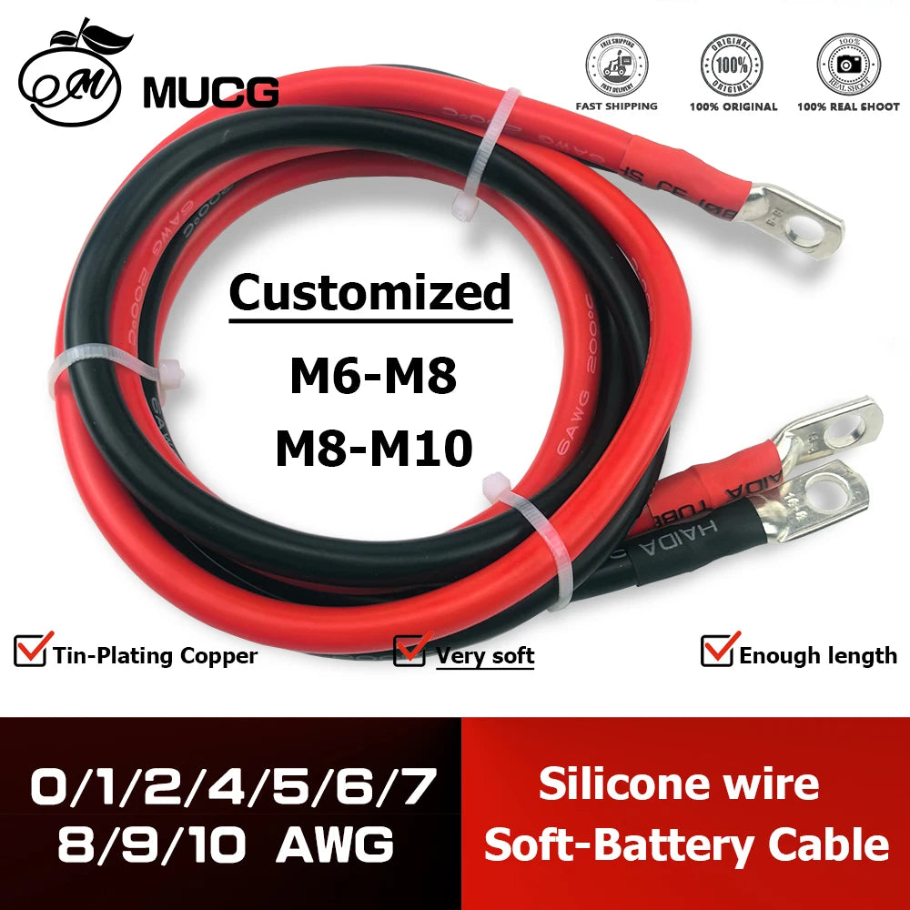 كابل بطارية سيارة شديد النعومة M6-M8 أسود من السيليكون مع طرف حلقي كابل أسود أحمر 5AWG 6AWG 7AWG 8AWG