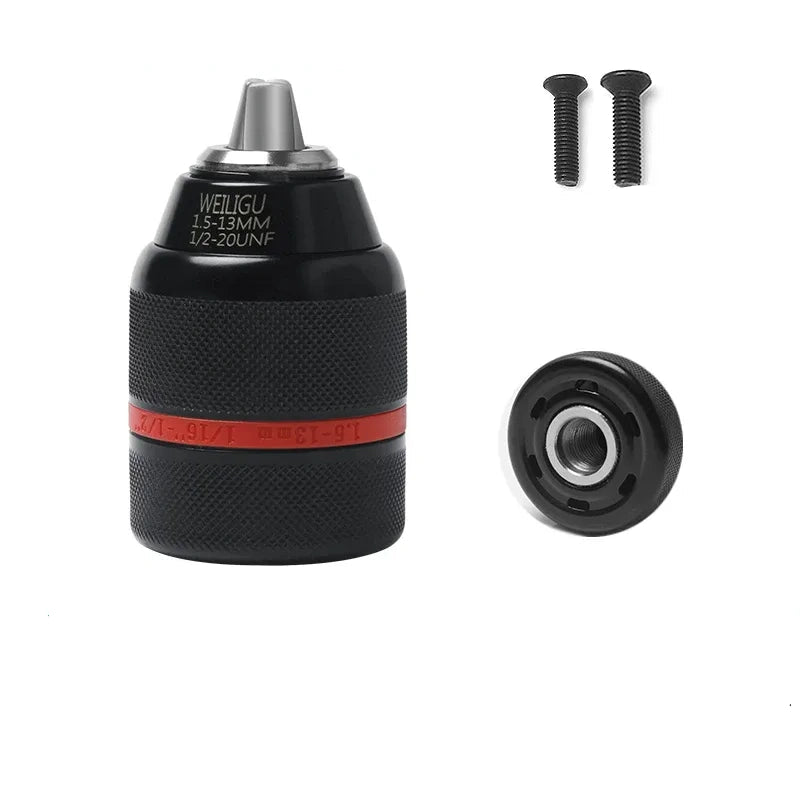 Clamping Range: 1.5–13mm | Thread: 1/2"-20UNF drill adapter,Red & Black Ratchet Self-Locking Double Sleeve Chuck