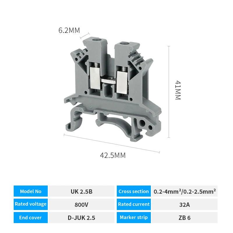 10Pcs Din Rail Terminal Block UK-2.5B Wire Electrical Conductor Universal Connector Screw Connection Terminal Strip Block UK2.5