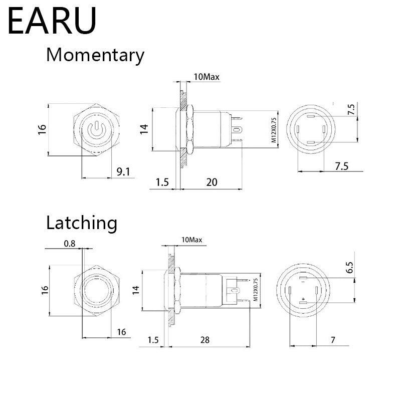 12mm Flat High Head Waterproof Metal Push Button Switch 110V.