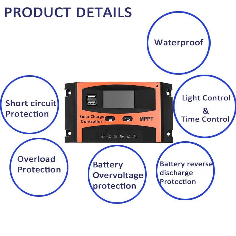 12V/24V Auto 30A 40A 50A 60A MPPT Solar Charge Controller Solar Panel Battery Regulator Dual USB LCD Display with User Manual