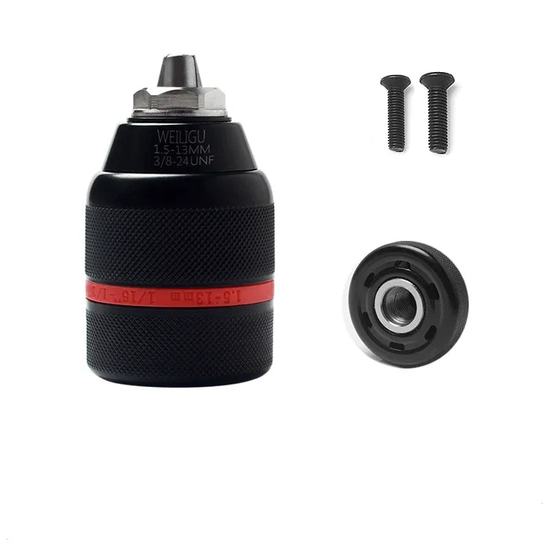 Clamping Range: 1.5–13mm | Thread: 3/8"-24UNF drill adapter anti-explosion type,Red & Black Ratchet Self-Locking Double Sleeve Chuck