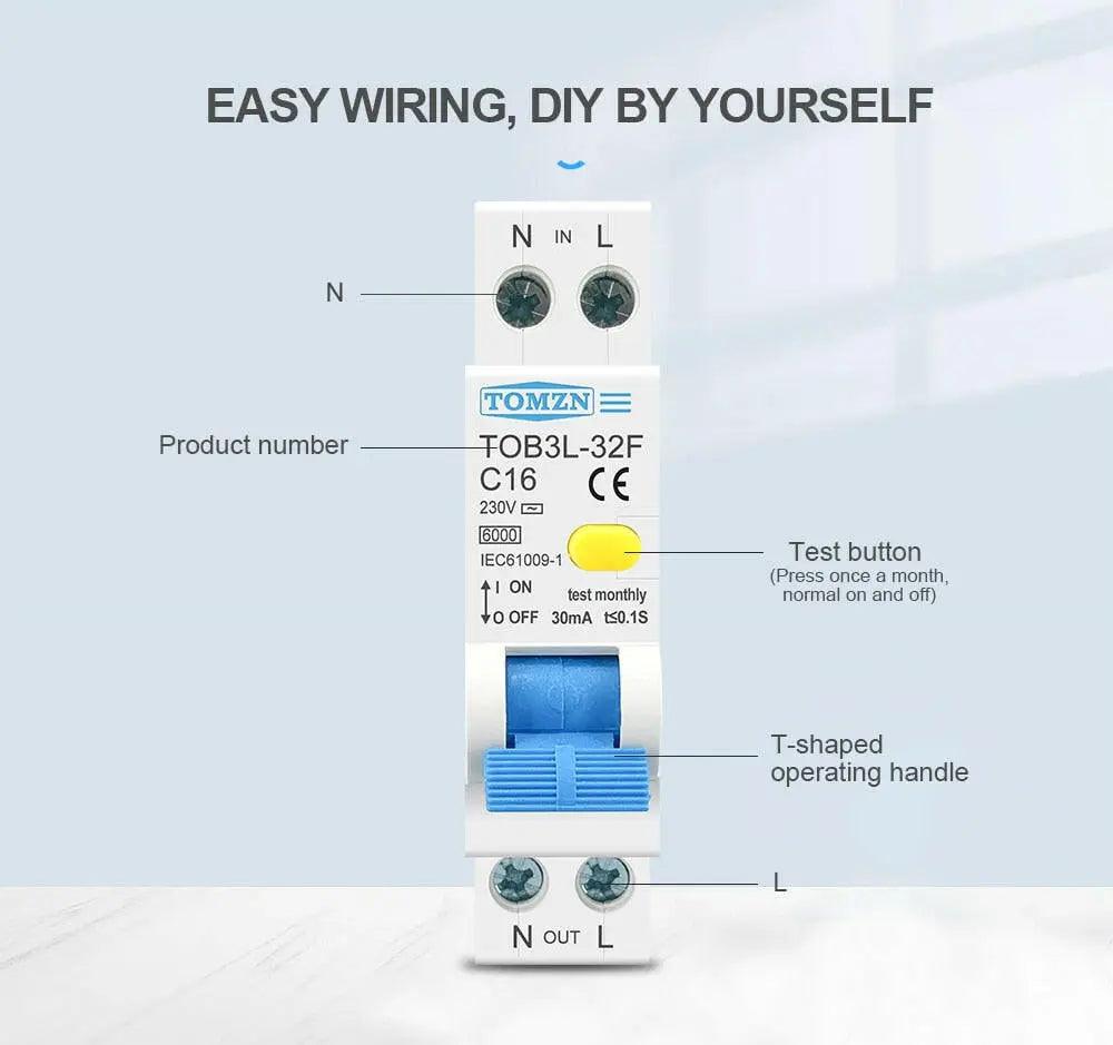 18mm One Modular 1P+N RCBO Breaker 30mA /  6A-32A - electrical center b2c