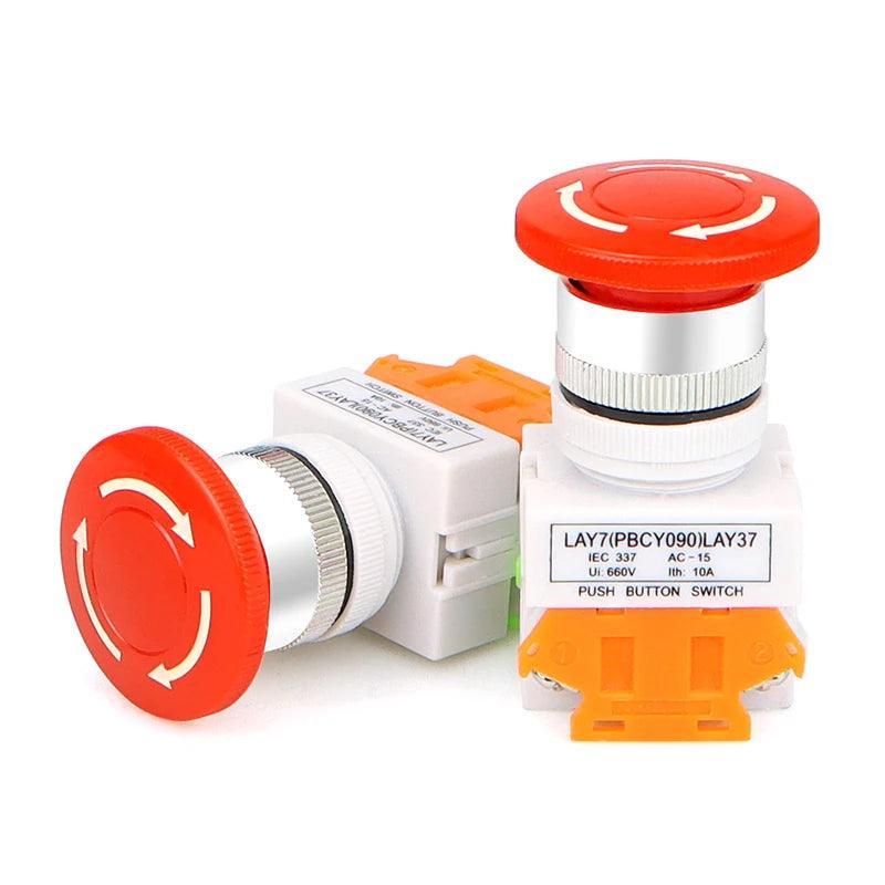 1PCS Plastic Shell Red Sign Push Button Switch DPST Mushroom Emergency Stop Button AC 660V 10A NO+NC LAY37-11ZS