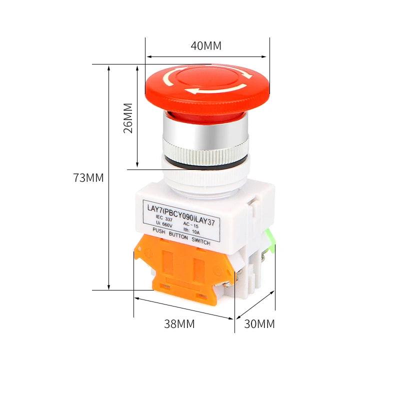 1PCS Plastic Shell Red Sign Push Button Switch DPST Mushroom Emergency Stop Button AC 660V 10A NO+NC LAY37-11ZS