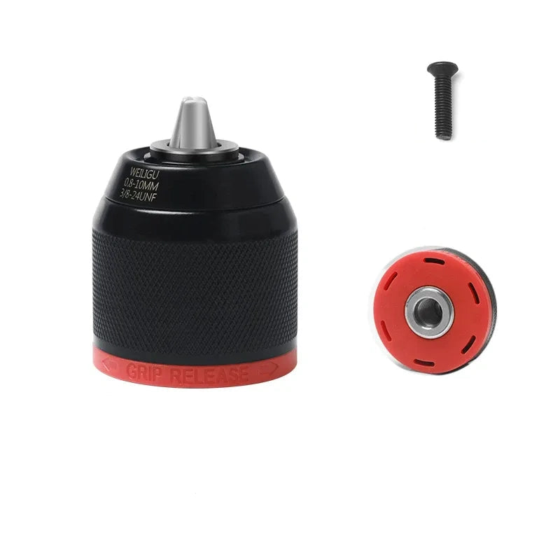Red & Black Ratchet Self-Locking Single Sleeve Chuck,Clamping Range: 0.8–10mm,mounting Thread: screw 3/8"-24UNF drill adapter