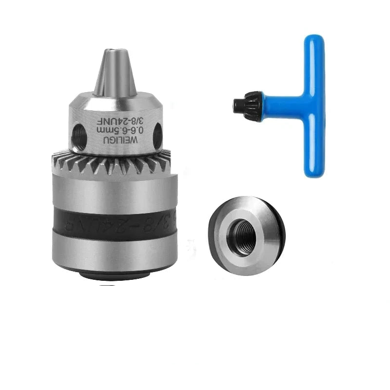 key locking design drill chuck, key type steel drill chuck Clamping Capacity 0.6-6.5mm, all metal heavy duty chuck Mount Type with screw 3/8-24unf