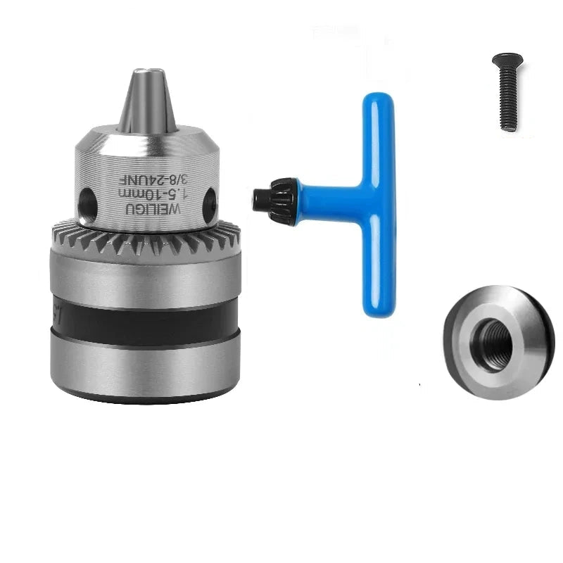 key locking design drill chuck, key type steel drill chuck Clamping Capacity 1.5-10mm, all metal heavy duty chuck Mount Type with screw 3/8-24unf