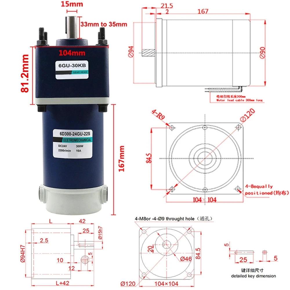 300W DC Gear Motor 12V 24V High Torque 435KG Reducer Speed 10rpm -1000rpm Permanent Magnet Long Life Low Noise Forward Reverse