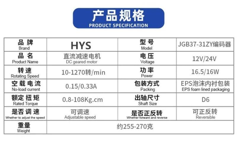 31ZY DC Gear Motor Encoder 12V 24V Max Torque 108KG Speed Reducer 10-1270rpm Metal Gearbox Motor Encode Electric Engine Model