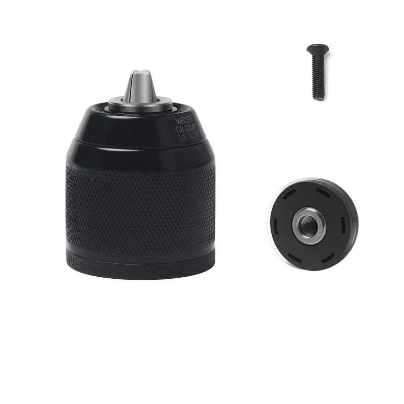 Full Black Ratchet Self-Locking Single Sleeve Chuck,Clamping Range: 0.8–10mm,mounting Thread: screw 3/8"-24UNF drill adapter
