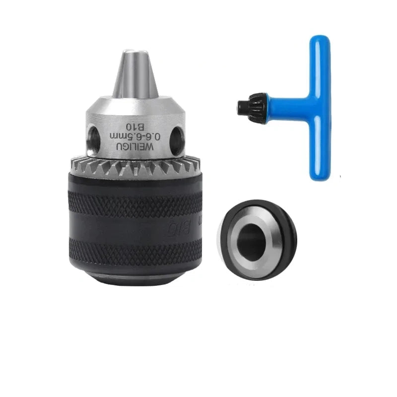 key locking design drill chuck, key type steel drill chuck Clamping Capacity 0.6-6.5mm, all metal heavy duty chuck Mount Type b10