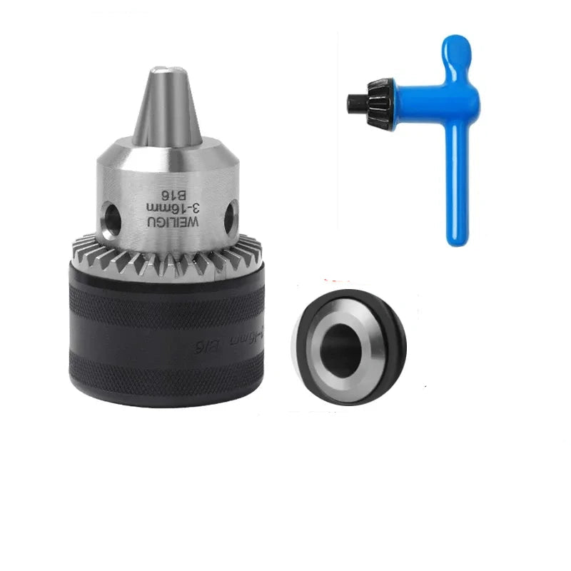 key locking design drill chuck, key type steel drill chuck Clamping Capacity 3-16mm, all metal heavy duty chuck Mount Type B16