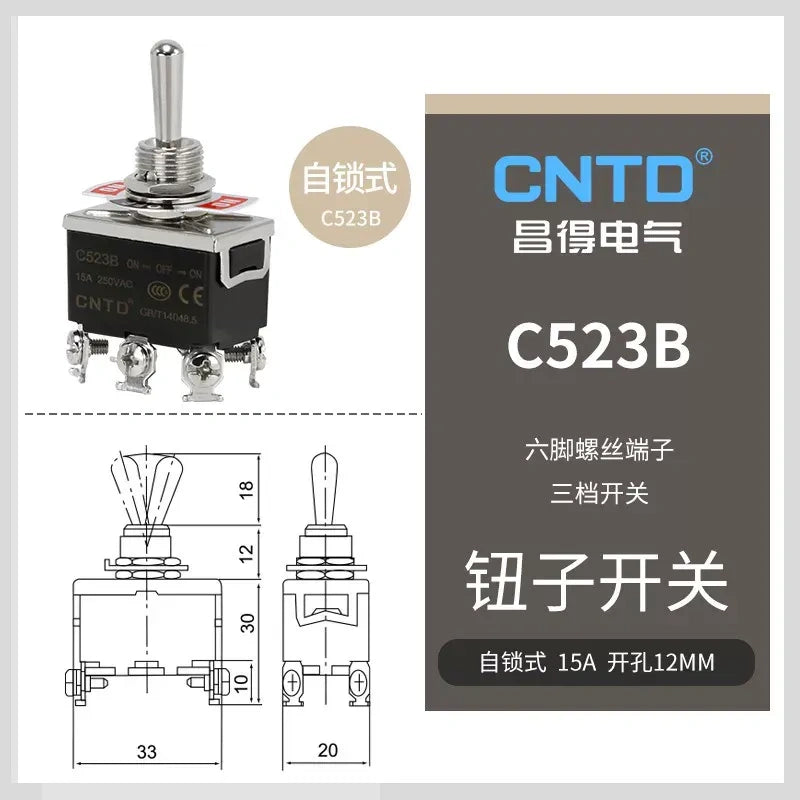 C523B DPDT 6Pin 3Position Latching Toggle Switch without protective boots, 15A 250VAC 12mm Panel Mount toggle switch with SCREW terminal 