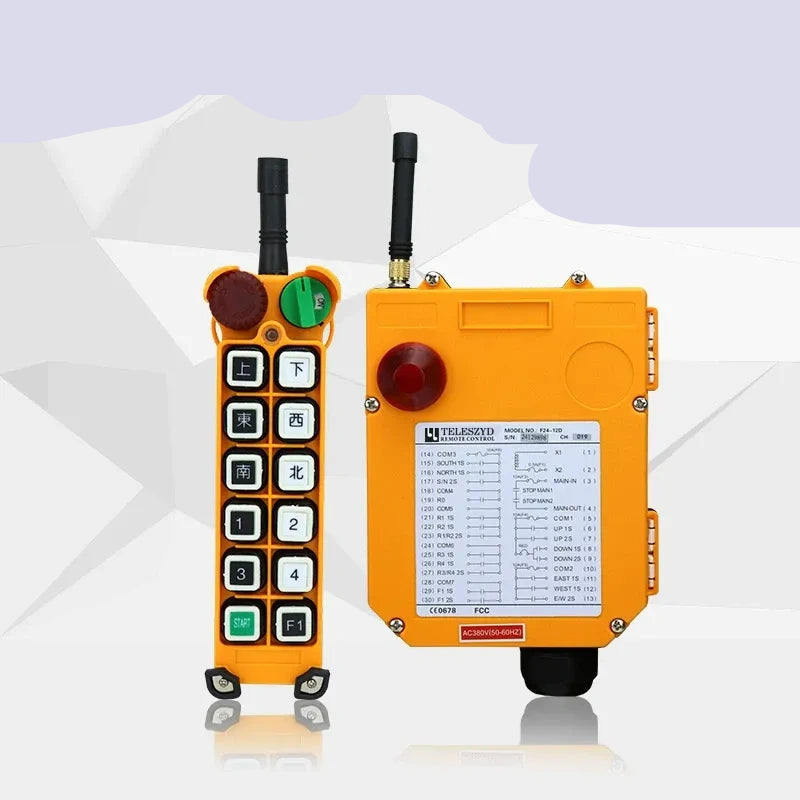 F24-12D remote control, one touch dual speed industrial remote, 380v VFD hoist radio controller, overhead gantry crane remote, 1 Transmitter + 1 Receiver industrial wireless remote with emergency stop, 