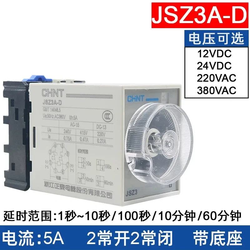 chint jsz3a-d time relay,on delay timer relay dc24v ac220v,Delay Range: 1s~10s /100s /10min / 60min
Rated Current: 5A | 2NO + 2NC Contacts | Comes with Matching Socket Base