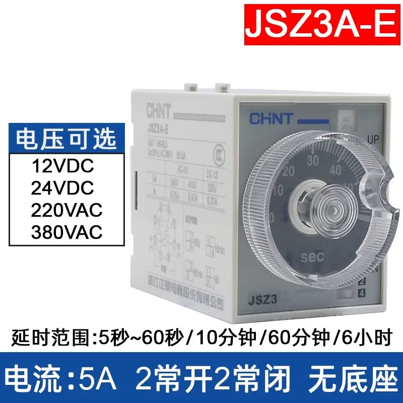 chint jsz3a-e time relay,on delay timer relay dc24v ac220v,Delay Range: 5s~60s /10min /60min / 6hour
Rated Current: 5A | 2NO + 2NC Contacts 