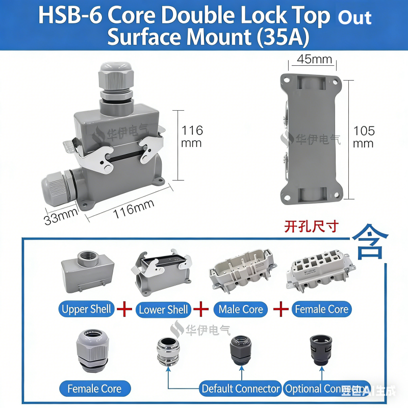Rectangular Heavy Duty Connector HSB-4/6/12 Pin 35A High Current Waterproof Aviation Plug & Socket