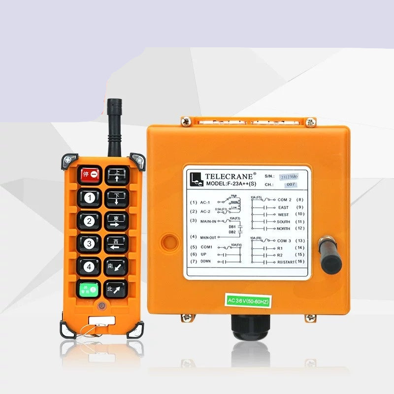 F23-A++ remote control, dual speed crane remote switch, Crystal Oscillator type industrial wireless radio remote, 220v Telecrane F23-A++, 1 Transmitter + 1 Receiver overhead travelling crane remote controll switch, 