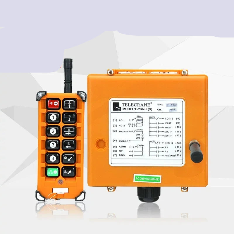F23-A++ remote control, dual speed crane remote switch, Crystal Oscillator type industrial wireless radio remote, 36v Telecrane F23-A++, 1 Transmitter + 1 Receiver overhead travelling crane remote controll switch, 