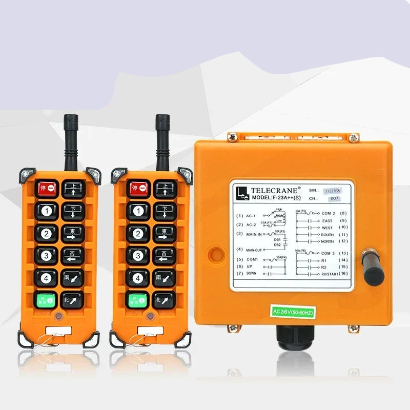 F23-A++ remote control, dual speed crane remote switch, Crystal Oscillator type industrial wireless radio remote, 380v Telecrane F23-A++, 2 Transmitter + 1 Receiver overhead travelling crane remote controll switch, 