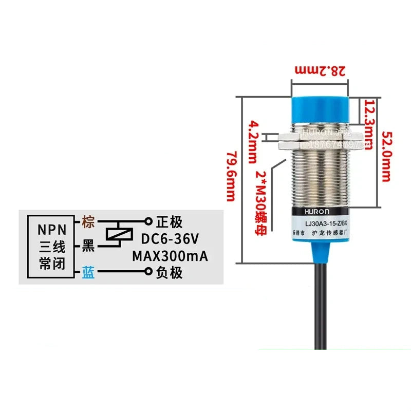 LJ30A3-15-Z/AX proximity sensor, M30 inductive switch with measuring distance 15mm proximity sensor, Non-flush-mount type proximity switch with cable length 1.2M, DC 3-Wire NPN NC metal detector