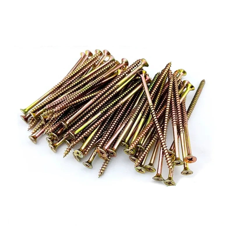 M5x100 hardened self tapping screws, color zinc galvanized screws, flat head wood fasteners, wallboard screws, cabinet assembly screws, thin metal tapping screws, plaster board screws, fiber board fasteners, woodworking screws, interior decoration screws