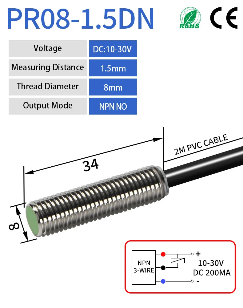 PR108 M8 Inductive Proximity Sensor ,DC10-30v measuring distance 1.5mm sensor,thread diameter 8mm 3-WIRE NPN NO sensor