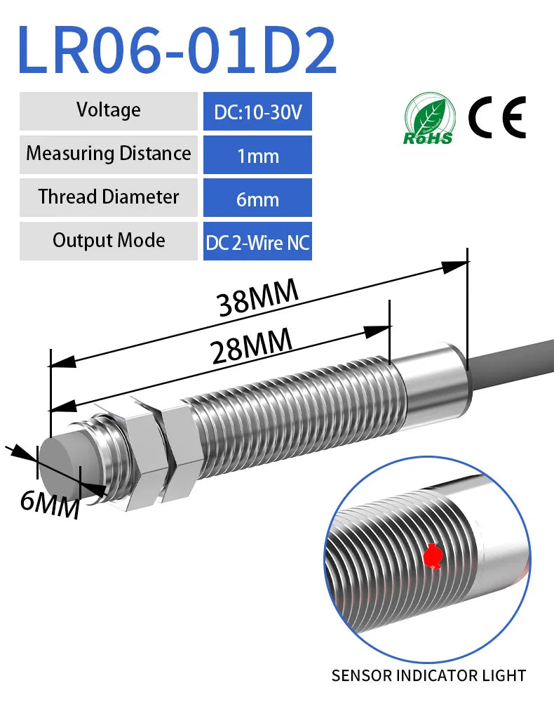 LR06 series miniature inductive proximity sensors with sensing distance  1mm indicator, dc10-30v thread diameter 6mm sensor, sensor output mode DC 2-WIRE NC