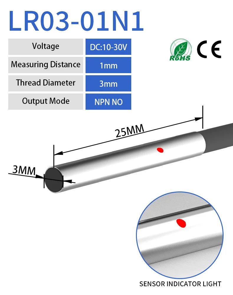LR03 M3 Miniature Proximity Sensor Sensing Distance 1mm, DC10-30V Output mode 3-wire NPN NO Small Inductive Metal Detector Switch,thread diameter 3mm
