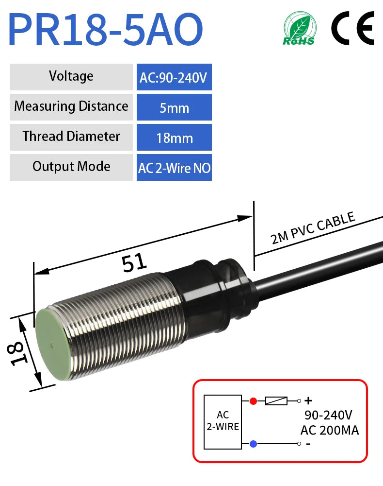 PR18 M18 Inductive Proximity Sensor ,AC90-240v measuring distance 5mm sensor,thread diameter 18mm sensor,AC 2-WIRE NO sensor
