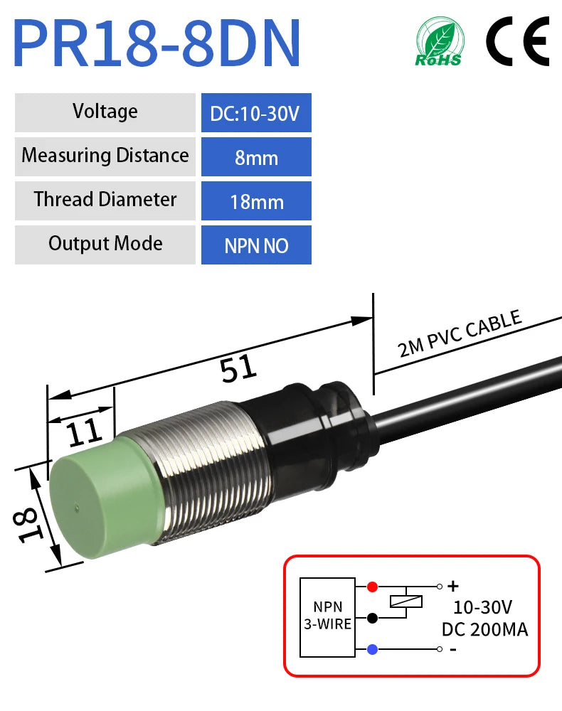PR18 Inductive Proximity Sensor ,DC10-30v measuring distance 8mm sensor,thread diameter 18mm sensor,3-wire npn no sensor