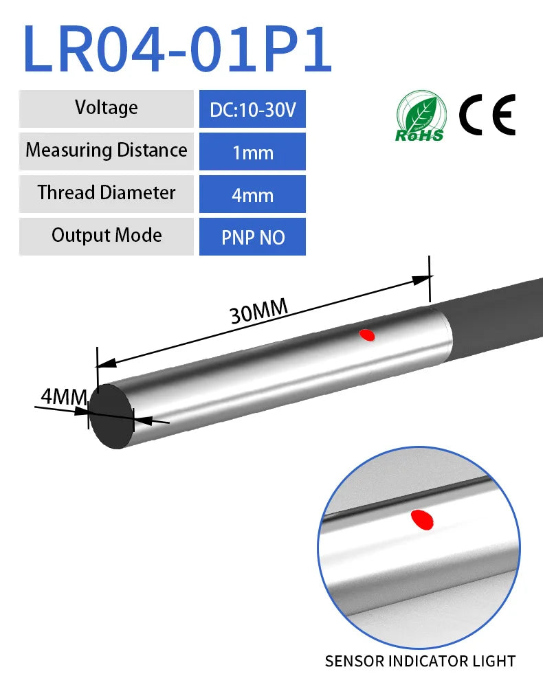 LR04L Inductive Proximity Sensor ,DC10-30v measuring distance 1mm sensor,thread diameter 4mm PNP NO sensor