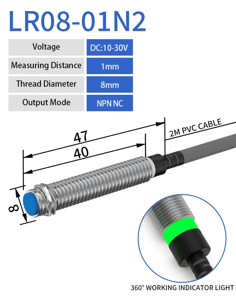 LR08 M8 Inductive Proximity Switch Sensor, Sensing Distance 1mm, DC 3-WIRE NPN NC sensor 