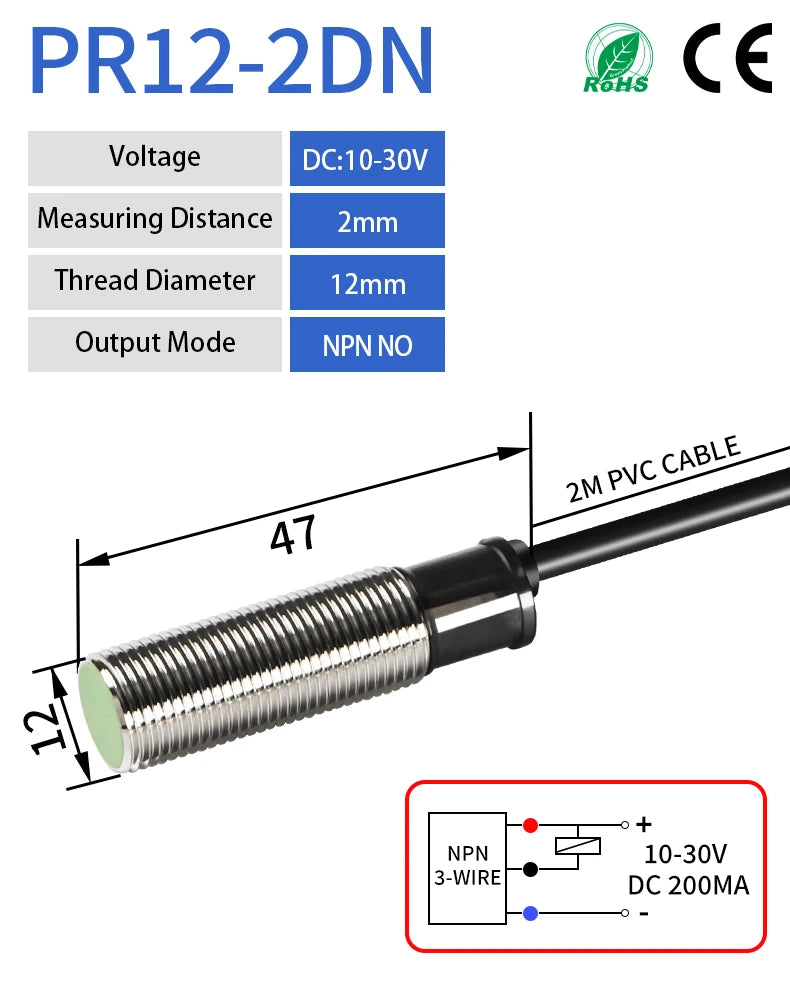 PR12-2DN Flush-Mount (Embedded) Inductive Proximity Sensor, M12 DC 10-30V NPN NO Metal Proximity Switch
