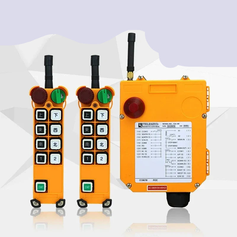 F24 series 8 channel remote control, F24-8D industrial wireless crane remote, 24V single speed hoist remote Controller, 2 Transmitter + 1 Receiver crane remote, heavy duty industrial radio control, gantry crane remote replacement kit