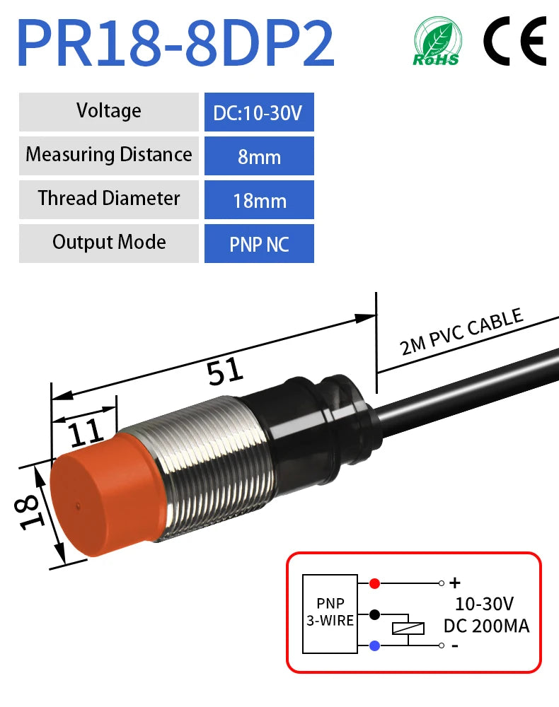 PR18 Inductive Proximity Sensor ,DC10-30v measuring distance 8mm sensor,thread diameter 18mm sensor,3-wire pnp nc sensor