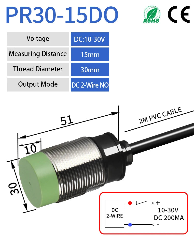 PR30 M30 Inductive Proximity Sensor ,DC10-30v measuring distance 15mm sensor,thread diameter 30mm DC 2-WIRE NO sensor