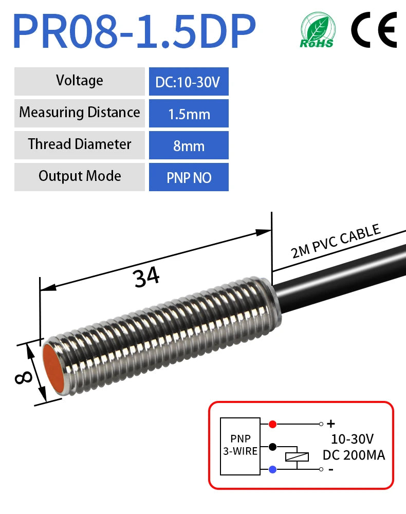PR108 M8 Inductive Proximity Sensor ,DC10-30v measuring distance 1.5mm sensor,thread diameter 8mm 3-WIRE PNP NO sensor