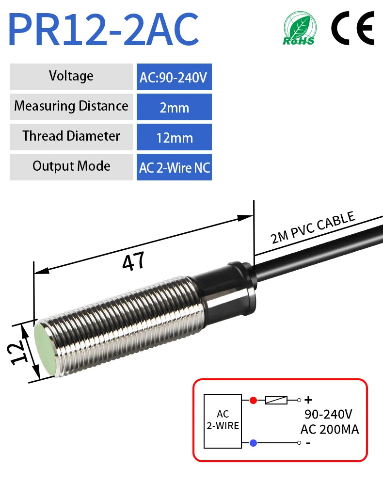 PR12-2AC Flush-Mount (Embedded) Inductive Proximity Sensor, M12 DC 90-240V 2-WIRE NC Metal Proximity Switch