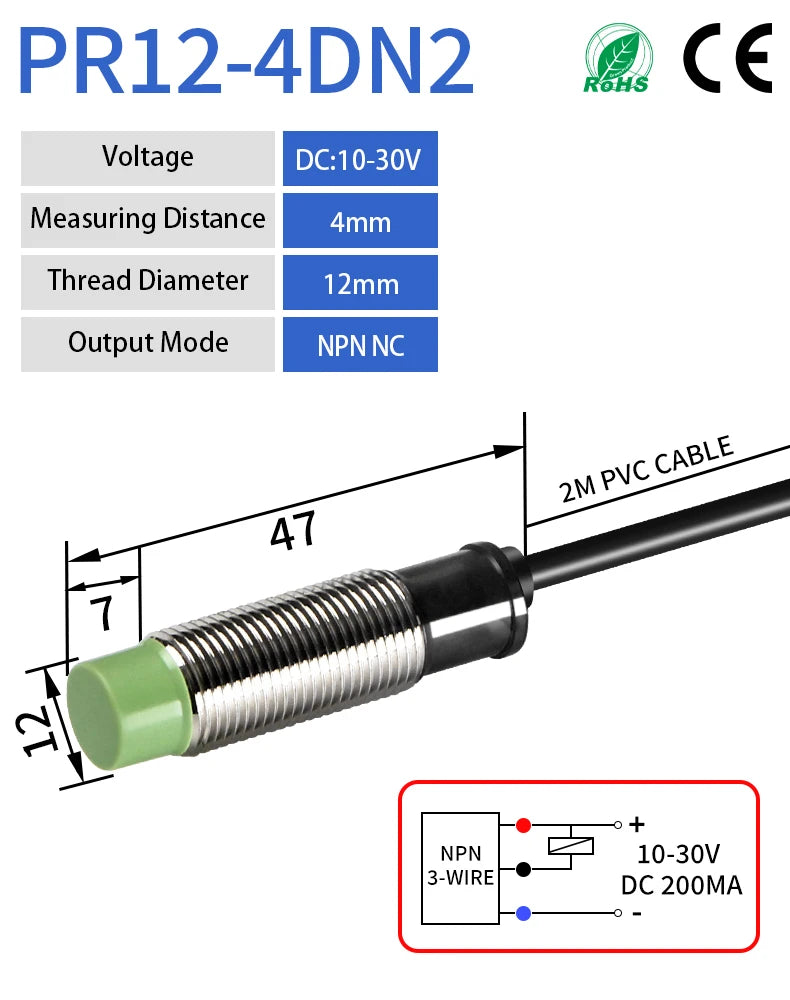 PR12 Inductive Proximity Sensor ,DC10-30v measuring distance 4mm sensor,thread diameter 12mm sensor,npn nc sensor