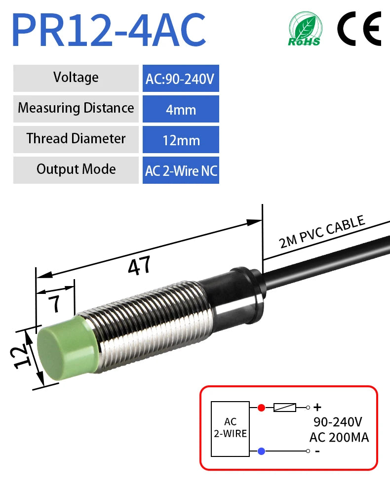 PR12 Inductive Proximity Sensor ,ac90-240v measuring distance 4mm sensor,thread diameter 12mm sensor,ac 2-wire nc sensor