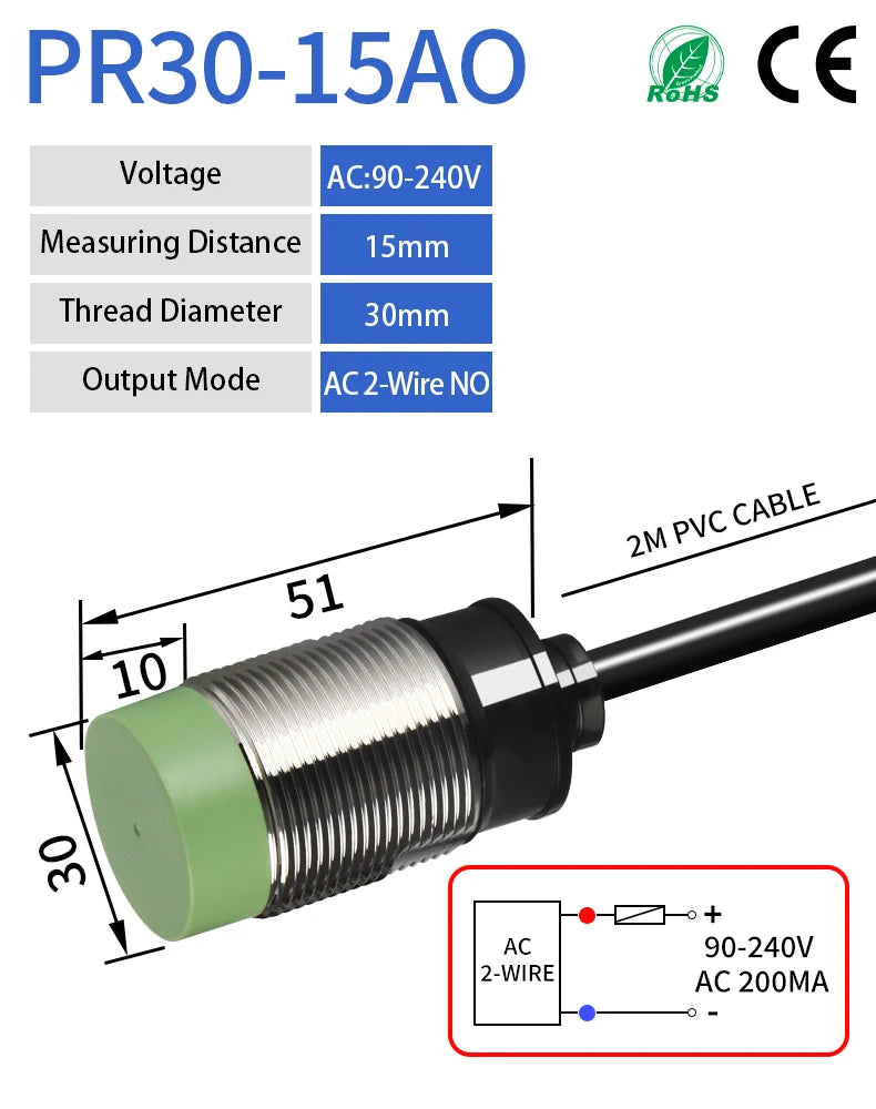 PR30 M30 Inductive Proximity Sensor ,AC90-240v measuring distance 15mm sensor,thread diameter 30mm AC 2-WIRE NO sensor