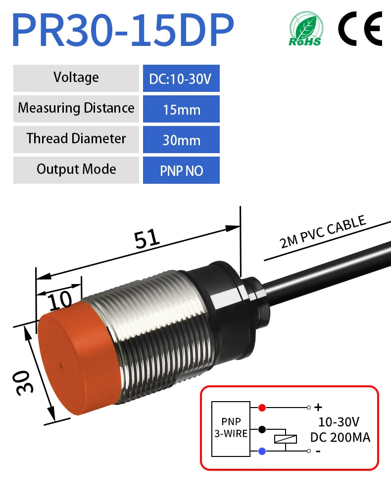 PR30 M30 Inductive Proximity Sensor ,DC10-30v measuring distance 15mm sensor,thread diameter 30mm DC 3-WIRE PNP NO sensor