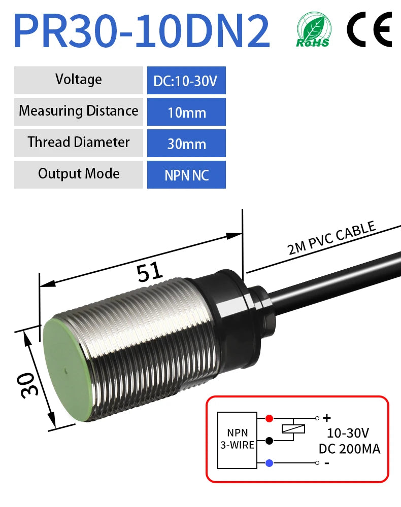 PR30 M30 Inductive Proximity Sensor ,DC10-30v measuring distance 10mm sensor,thread diameter 30mm DC 3-WIRE NPN NC sensor