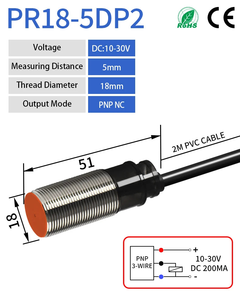 PR18 M18 Inductive Proximity Sensor ,DC10-30v measuring distance 5mm sensor,thread diameter 18mm sensor,DC PNP NC sensor